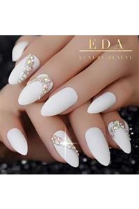 EDA LUXURY BEAUTY Beyaz Mat Takma Tırnak Lüks Parlak 3d Kristal Taşlı Desenli Uzun Oval Stiletto Nail Art Set