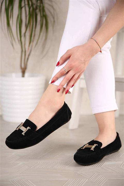 Ccway Kadın Siyah Toka Kemerli Süet Günlük Ayakkabı