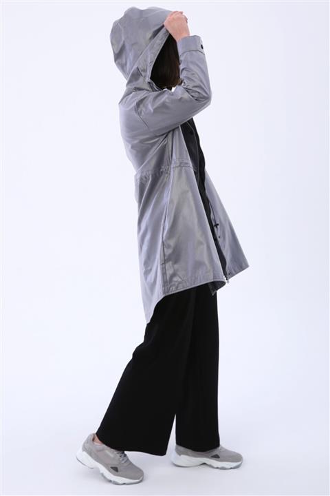 Ekrumoda Kadın Duman Çıtçıtlı Beli Lastikli Cepli Kapüşonlu Yağmurluk