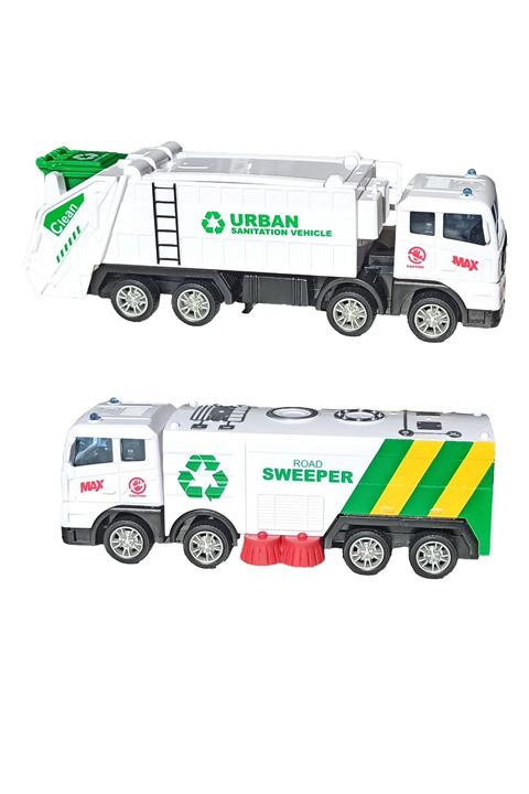 PopŞeker Çöp Kamyonu Ve Yol Temizleme Aracı Sürtmeli Özellikli 17cm. Oyuncak Temizlik Araçları Seti