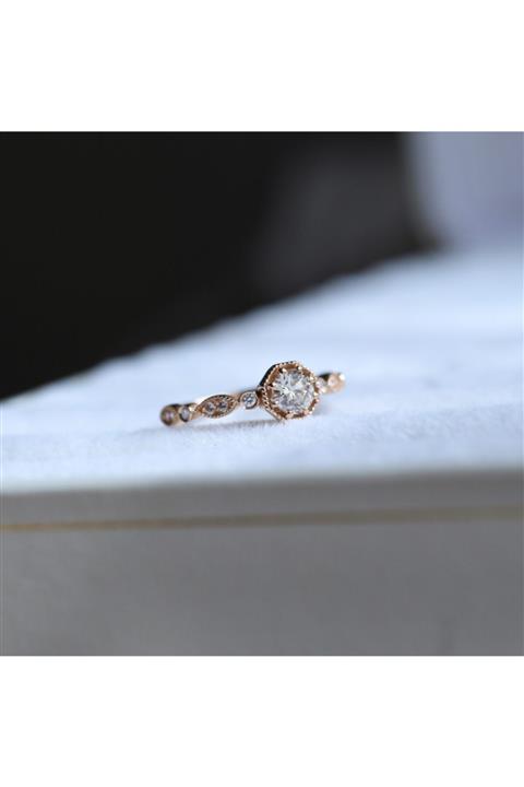 INZA mücevherat Kadın Pembe Vintage Tasarım Pırlanta Tektaş Yüzük