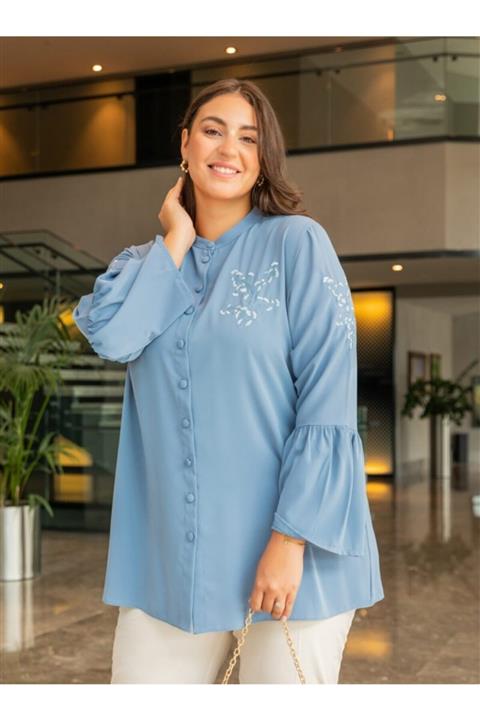 ALİA Kadın Buzul Mavi Büyük Beden Nakış Detaylı Tunik