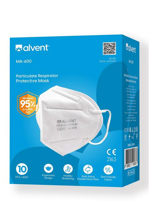 ALVENT Ffp2 Maske Çift Meltblown Katmanlı Ventilsiz Iso Ve Ce Sertifikalı 10 Adet