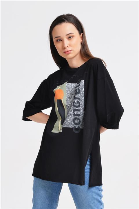 Nefise Baskılı Tshirt Siyah