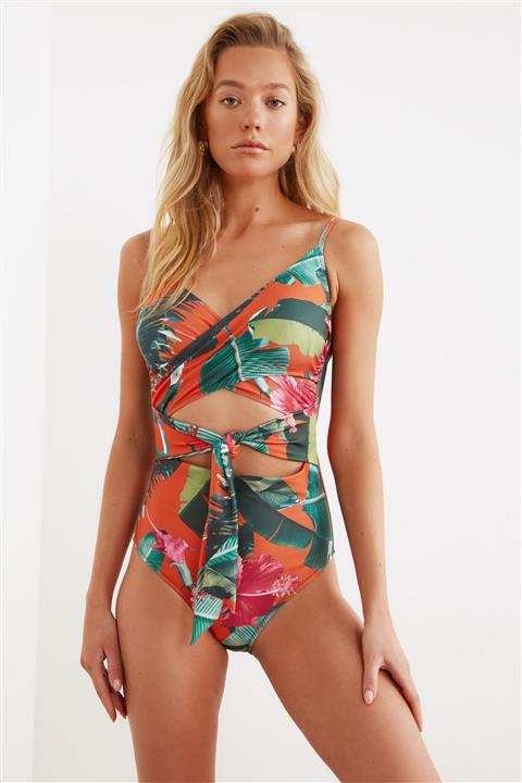 TRENDYOLMİLLA Kadın Yeşil Renkli Yaprak Desenli Belden Bağlamalı  Mayo TBESS20MA0031