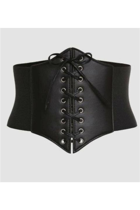 LİA KEMER Korse Lastikli Siyah Bağçıklı Gümüş Aksesuarlı Kemer