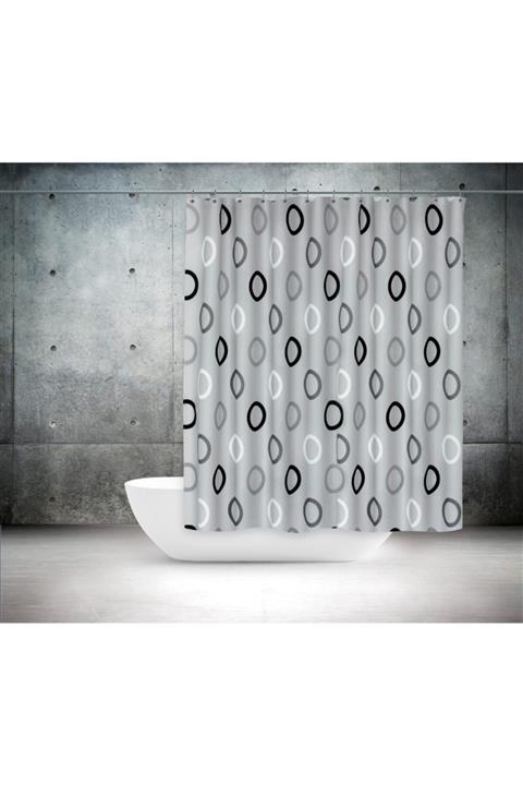 Tropikhome Polyester Kumaş Geometrik Desen Gri Banyo Perdesi Yerli Üretim Duş Perdesi Plastik C-halka Hediye