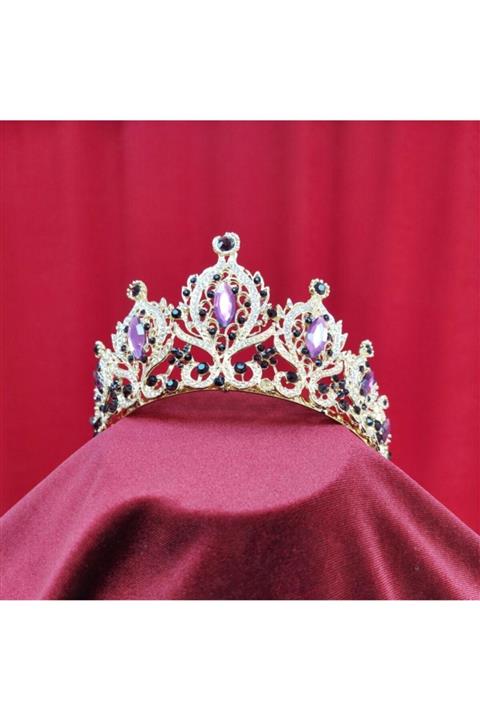Beyaz Melek Mor Taşlı Şık Ve Zarif Gold Rengi Düğün, Nişan Ve Kına Gelin Taçı