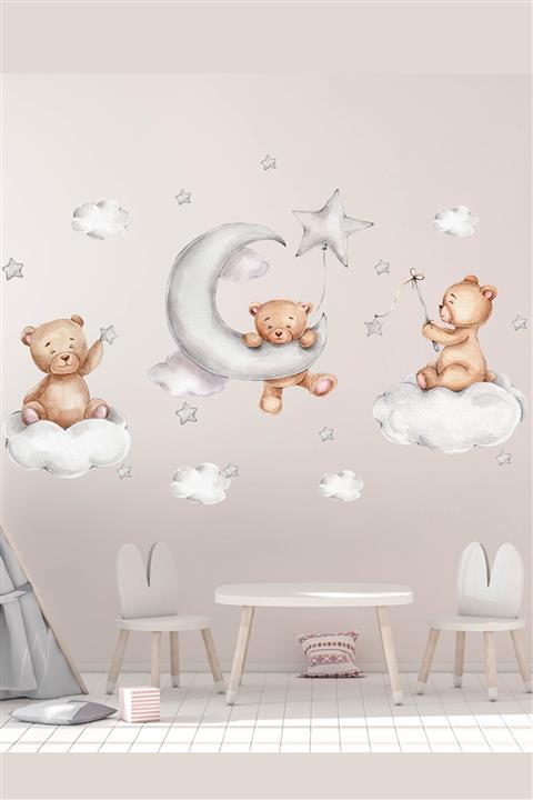 Sim Tasarım Sevimli Ayıcıkların Yıldızlarla Oyunu Duvar Sticker Seti