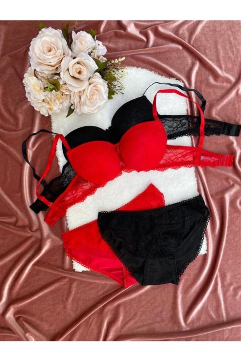 MODALADY Kadın Kırmızı Siyah 2'li Paket Dolgulu Balenli Sütyen Takım