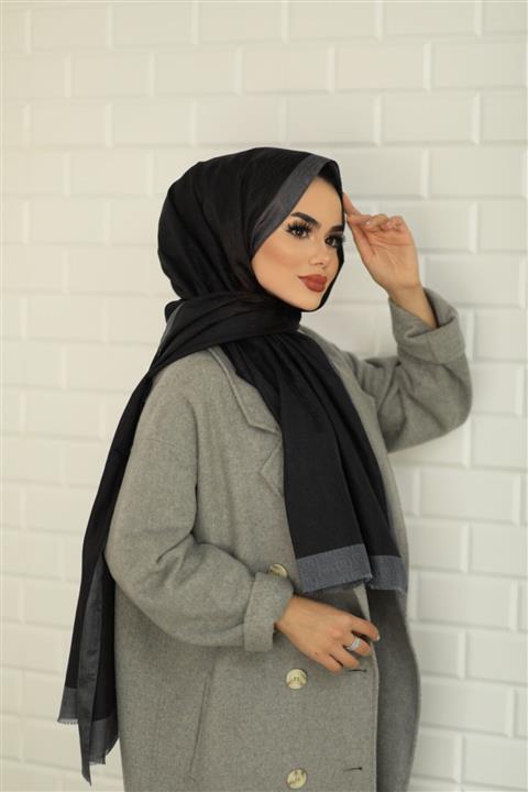 Hint İpek Monogram Model Siyah - Gri Renk Şal