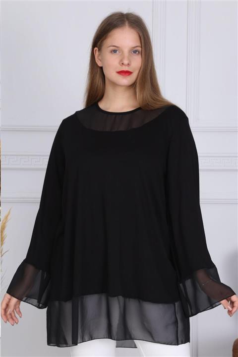 1fazlası Kol Ve Yaka Şifon Detaylı Siyah Viskon Tunik Bluz
