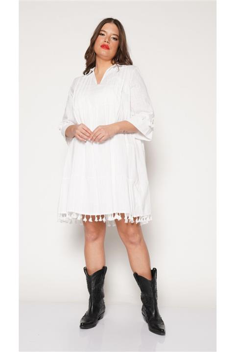 Nelly Kadın Beyaz Büyük Beden  Etek Ve Kol Ponponlu Beyaz Elbise