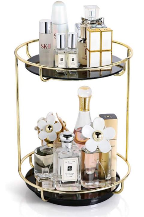 METAL TASARIM ATÖLYESİ Mta - 2 Katlı Lüks Ikramlık Sunumluk - Makyaj Kozmetik Düzenleyici - Gold