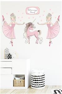 Sim Tasarım Ikili Balerin Ve Unicorn Çocuk Odası Duvar Sticker Renkli