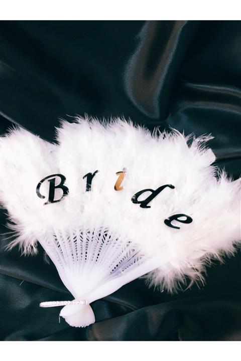 MerHan Party Bride Yazılı Tüylü Gelin Yelpazesi Beyaz