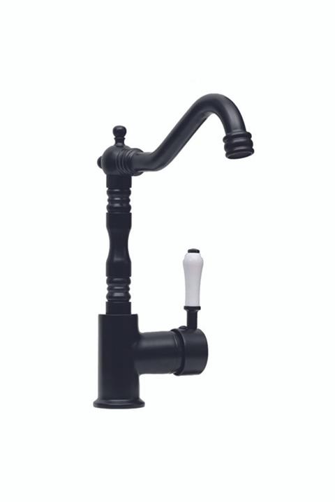 Lider Mat Siyah Porselen Kol Döner Borulu Lavabo Mutfak Eviye Bataryası