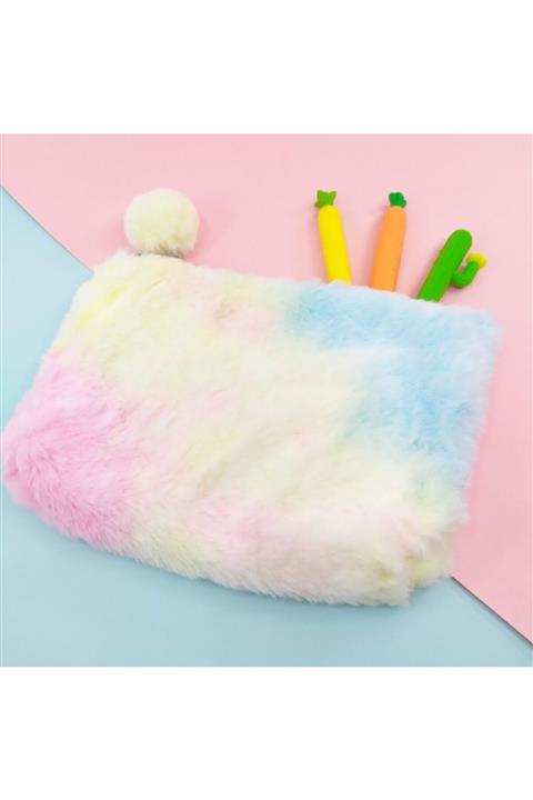 Şeker Ofisi Gökkuşağı Peluş Ponponlu Büyük Kalemlik Makyaj Çantası