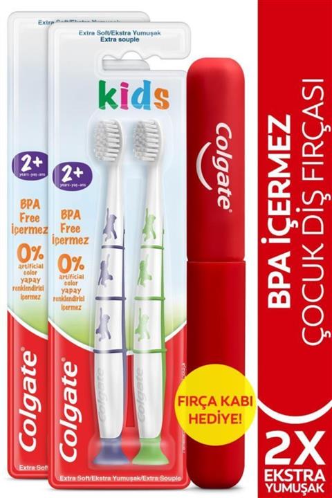 Colgate 2+ Yaş Yapışkan Tabanlı Ekstra Yumuşak Bpa Içermeyen Çocuk Diş Fırçası X2 Adet + Fırça Kabı