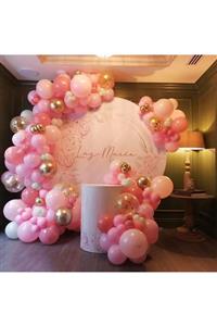 selens party 100 Adet Makaron Pembe, Pastel Pembe, Beyaz, Şeffaf, Gold Balon Ve 5mt Balon Zinciri