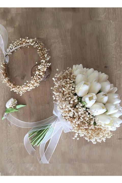 Deniz Yüksel Islak Lale Gelin Buket’i Yaka Çiçeği Ve Taç