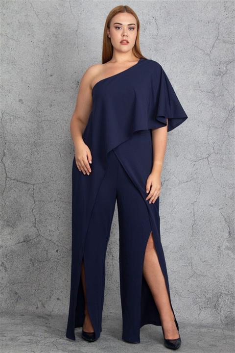 Şans Kadın Lacivert Tek Omuzlu Pelerin Ve Yırtmaç Detaylı Tulum 65N29745