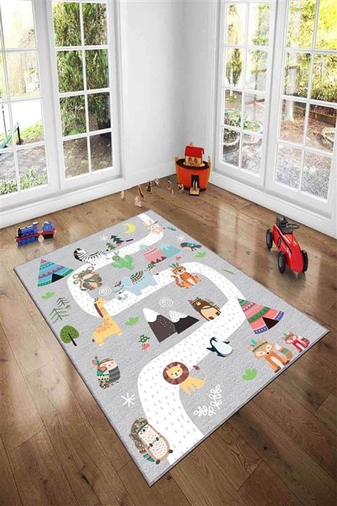 MODANOİVA Kaymaz Taban Yikanabilir Sevimli Hayvanların Yolculuğu Desenli Dijital Baskılı Çocuk Halısı