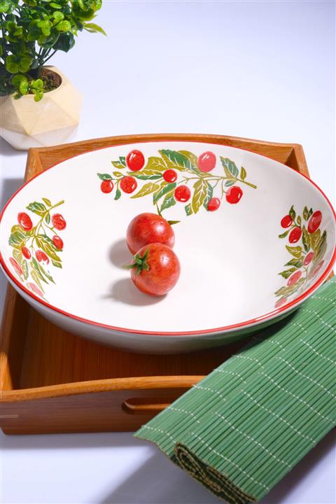 Porselen Diyarı Vişne Desen El Yapımı Yuvarlak Salata Kasesi 26 cm
