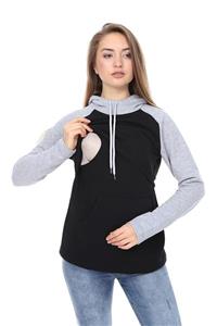 Luvmabelly Kadın Gri Parçalı Kapüşonlu ve Cepli Emzirme Sweatshirt