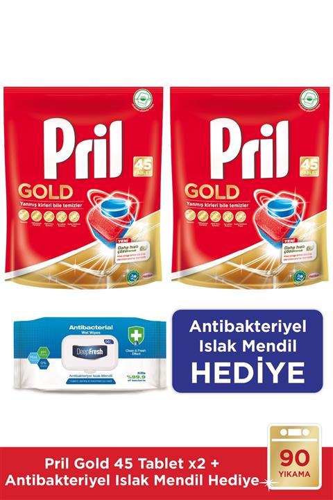 Pril Gold 90 Yıkama Bulaşık Makinesi Deterjanı Tableti(2x45'li Paket)+ 56'lı Antibak. Islak Mendil Hediye