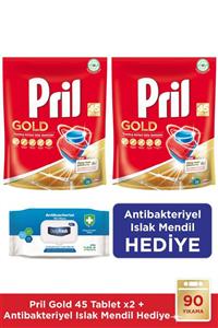 Pril Gold 90 Yıkama Bulaşık Makinesi Deterjanı Tableti(2x45'li Paket)+ 56'lı Antibak. Islak Mendil Hediye