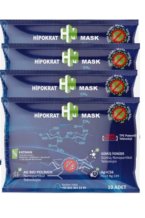 HİPOKRAT MASK Hipokrat 4 4=8 Katlı Cerrahi Maske 10x4 Paket Gümüş Ion & Biopolimer Katmanlı Virüs Öldürücü
