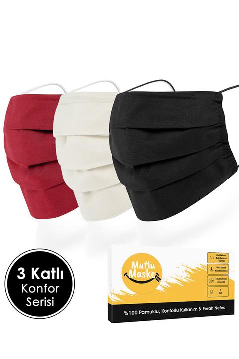Mutlu Maske Konfor Serisi 3 Katlı Telli Kırmızı Beyaz Siyah Renkli Pamuklu Kumaş Yıkanabilir Bez Maske 3'lü Set