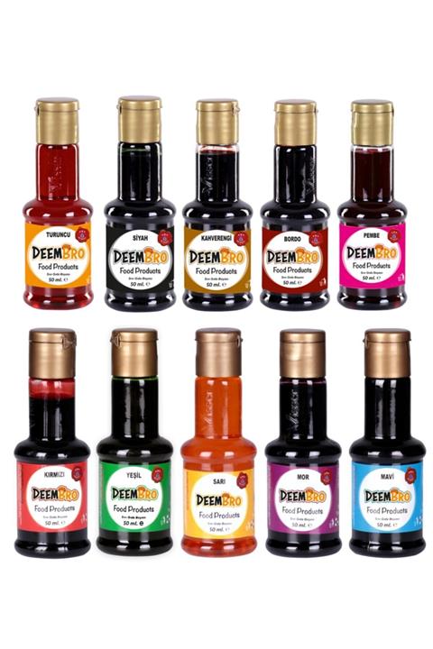 DEEMBRO Sıvı Gıda Boyası Seti 10 Adet 10 Renk 50 Ml X 10 Adet Su Bazlı Likit Gıda Boyaları