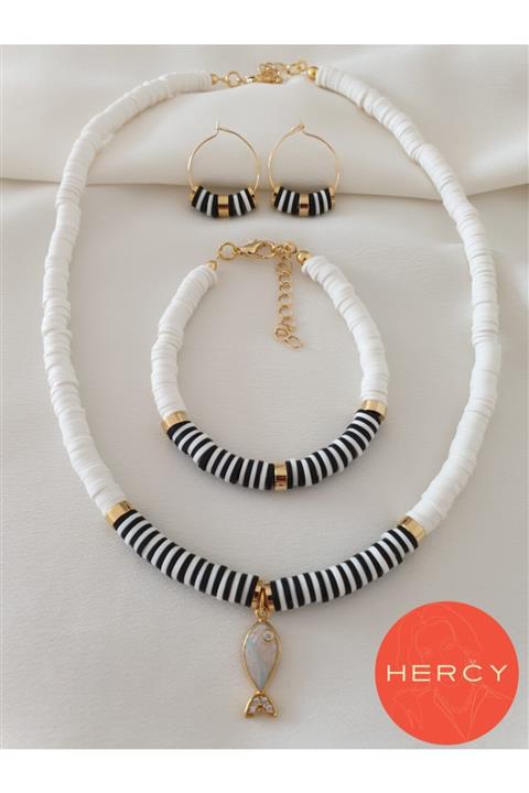 Mercy Aksesuar Siyah Beyaz Fimo Kolye-bileklik-küpe Set