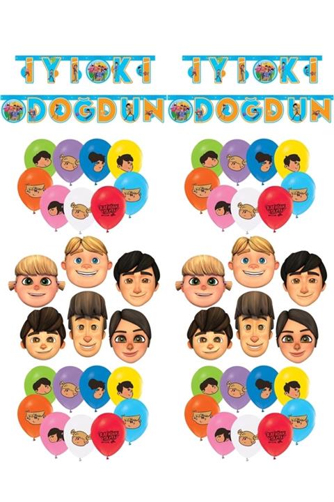 BalonEvi Rafadan Tayfa 10 Adet Balon 6 Adet Maske ve İyi ki Doğdun Flama Doğum Günü Seti