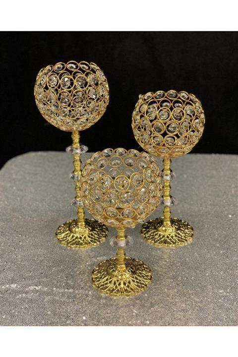 Loveteks Nebada Söz Nişan Ev Dekorasyon 3'lü Taşlı Kristal Altın Renk Şamdan Seti Metal