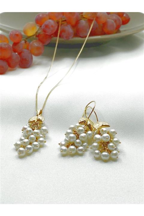 Birinci1926 14 Ayar Altın Üzüm Salkımı Model Gerçek Inci Kadın Kolye Ve Küpe Ikili Set