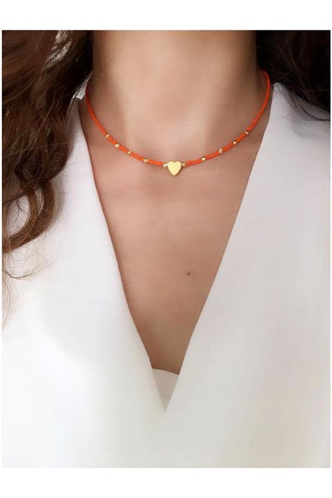 Serline Desing Kadın Turuncu Afgan Boncuklu Gold Rengi Kalp Kolye