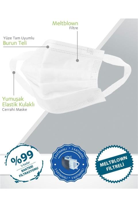 İzmar Meltblown Filtreli Yeni Nesil Beyaz Medikal Maske 50'li