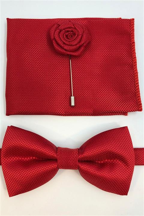 Quesste Accessory Kırmızı Armür Desenli Papyon Mendil Yaka Iğneli 3'lü Takım Set