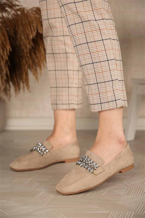 Ccway Kadın Ten Süet Taşlı Babet