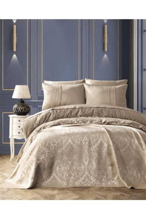 Soley Saten Dantelli Pike Ve Nevresim Çeyiz Takımı Çift Kişilik Royal Cappuccino