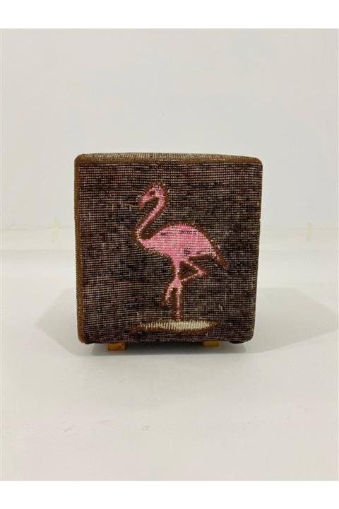 Grandhedefhalı Koyu Kahveli Pembe Rengi Flamingo Patchwork Puf