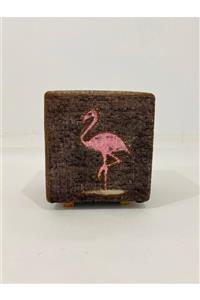 Grandhedefhalı Koyu Kahveli Pembe Rengi Flamingo Patchwork Puf