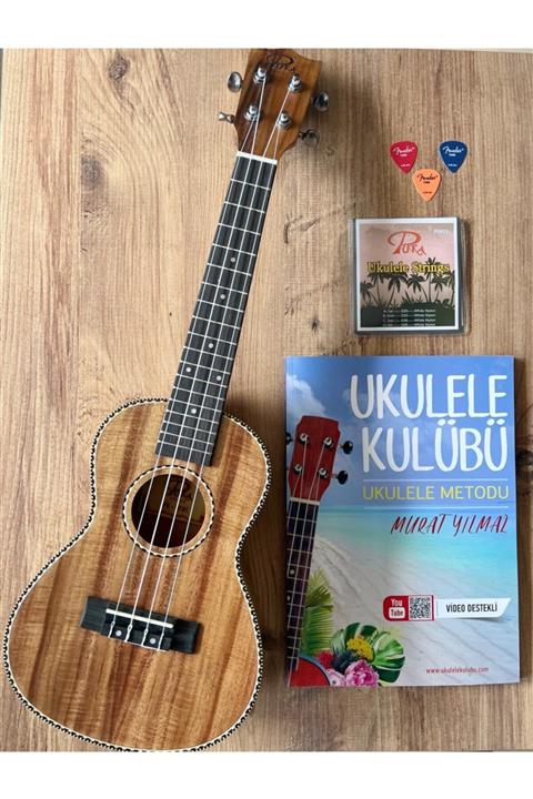 PUKA Koa Ağacı Sedefli Concert Ukulele Çanta-kitap-tel-pena