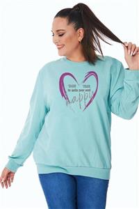 Siyezen Büyük Beden Kalp Baskılı Oversize Mint Yeşili Sweatshirt