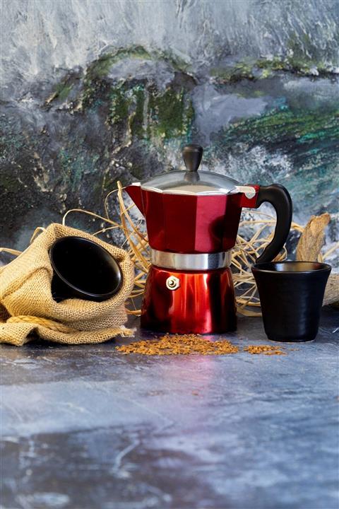 Anı Home Kırmızı Moka Pot Ve 2 Adet Siyah Espresso Bardağı