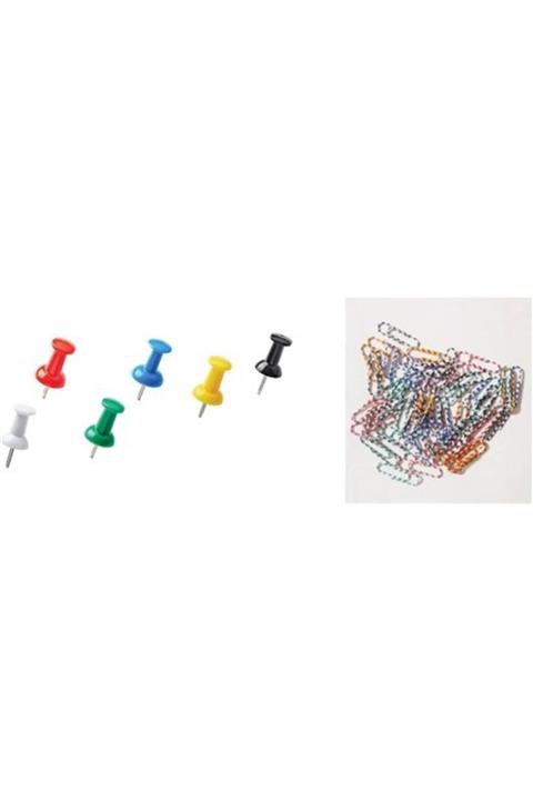 YYB Renkli Harita Çivisi Mantar Pano Raptiyesi 50 Tane + Renkli Ataş 50 Adet