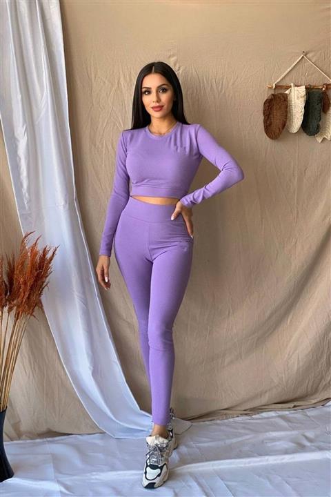 AYNADİ Kadın Lila Uzun Kollu Pıcırcık Kumaş Sporcu Crop Body